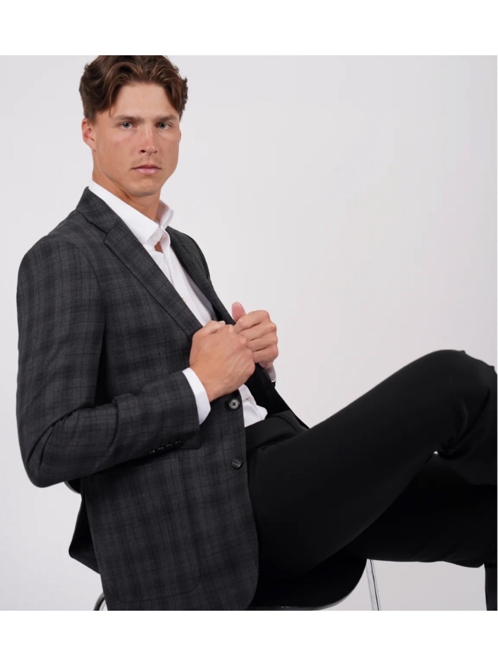 Hardy Amies Brinsley Men's Charcoal Plaid Wool Blazer Size 38R